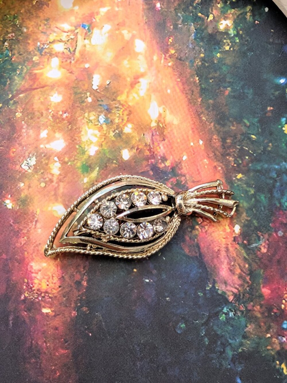 Vintage Rhinestone Leaf Brooch Silver Tone
